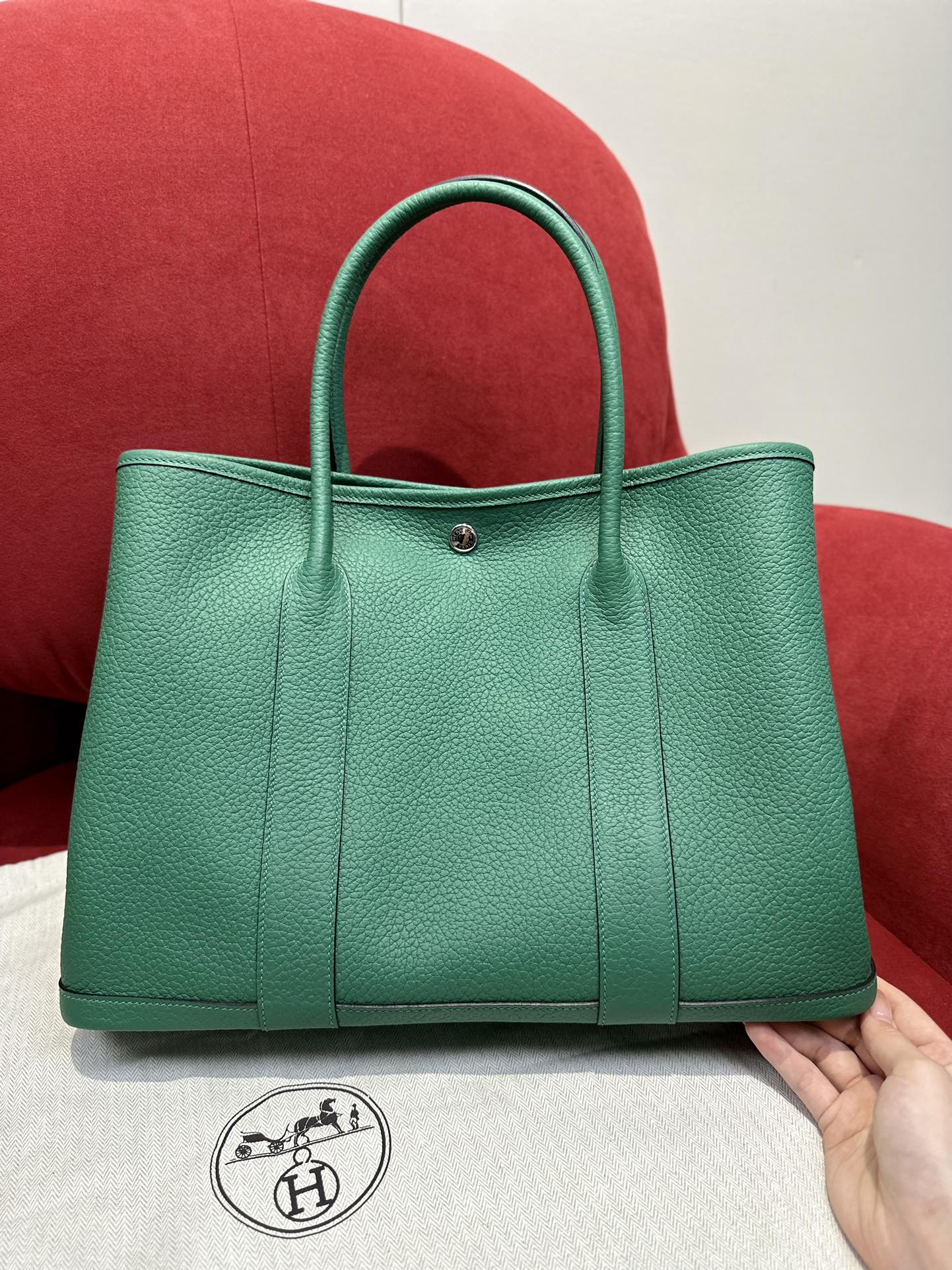 Hermes Garden Party 30cm Tote Handbag In Vert Vertigo Clemence Leather